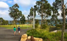 Image of people walking in a native park area with trees