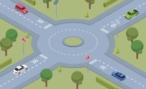 A digital illustration of a floating block of land with roads, a roundabout and cars in different directions