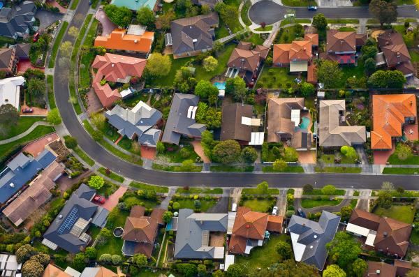 Aerial image of surburban streets houses