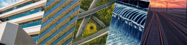 Composite image of solar panels, roads and hydro structures