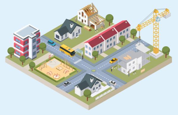 A digital illustration of a floating block of land with A digital illustration of a floating block of land with various building types and building sites