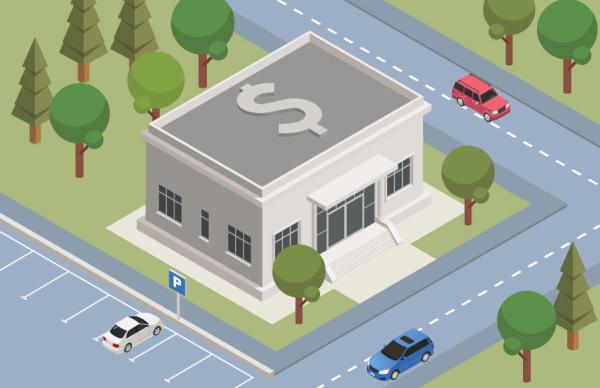 A digital illustration of a floating block of land with a government building that has adollar sign on the roof, and a carpark surrounding it