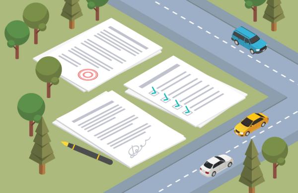 A digital illustration of a floating block of land with three larger than usual piles of documentation next to a road with vehicles