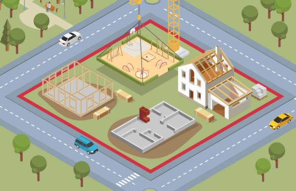A digital illustration of a floating block of land with building sites at various stages and a children's park