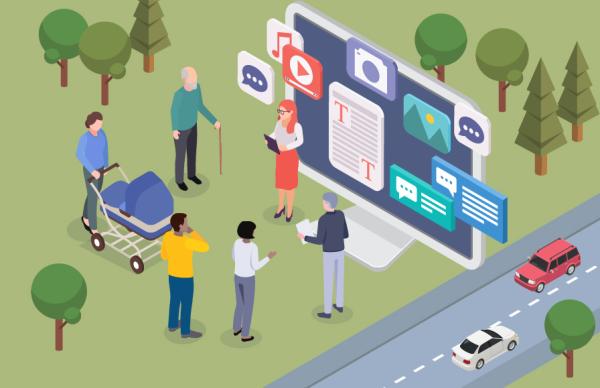A digital illustration of a floating block of land with a group of diverse people standing around in a park watching a presentation on a larger than usual computer screen, and various icons depicting an array of media icons