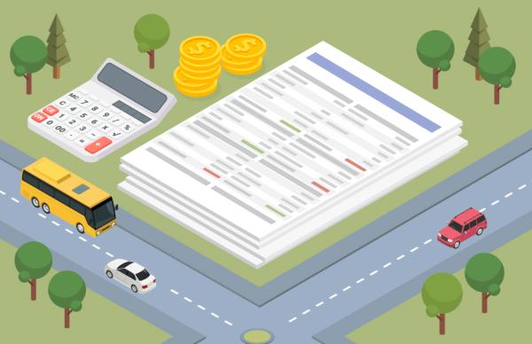 A digital illustration of a floating block of land with a road surrounding each corner, with cars, a yellow school bus, and a larger than usual set of documents and calculator sit in the center