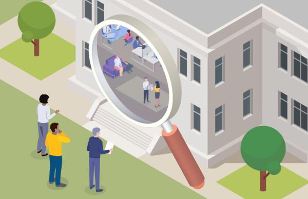 A digital illustration of a floating block of land with a large grey government building and a larger than usual magnifying glass against the side