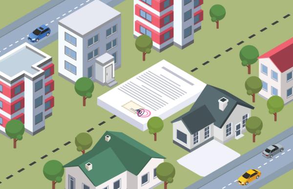 A digital illustration of a floating block of land with a row of housing and buildings, in the center a larger than usual pile of documents
