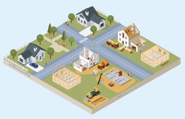 A digital illustration of a floating block of land with various residential buildings and building sites