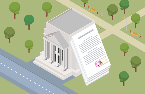 A digital illustration of a floating block of land with a white government building and a giant set of documents leaning against it