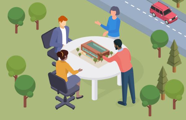 A digital illustration of a floating block of land with four people sitting around a white round table