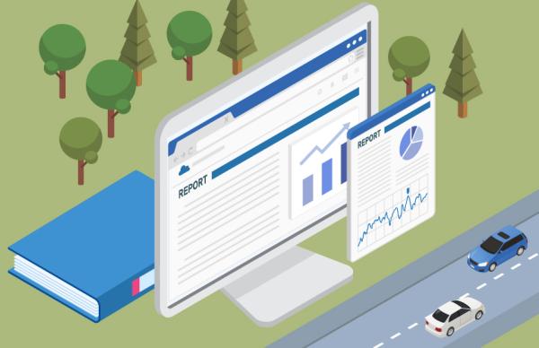 A digital illustration of a floating block of land with a larger than usual book, and computer monitor showing reporting graphs