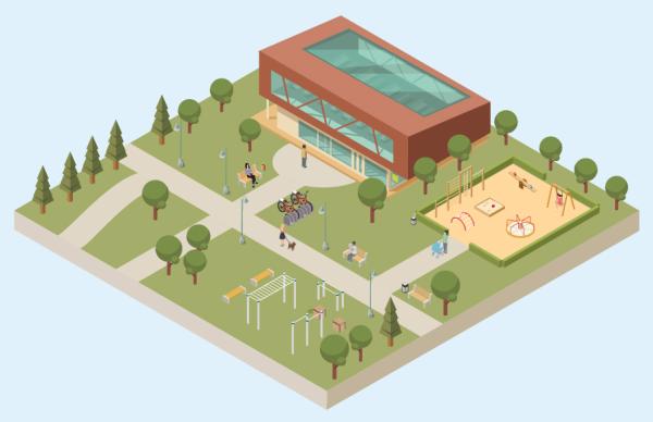 building, trees and bike racks graphic