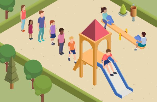 children lining up for park slippery dip graphic