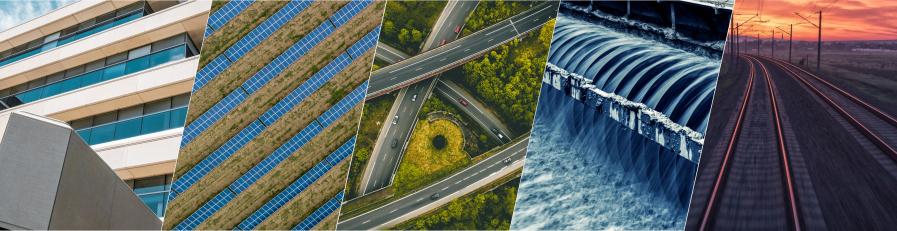 Composite image of solar panels, roads and hydro structures