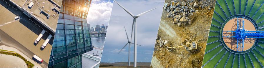 Composite image of modern high rise building, a wind farm, and ore resources