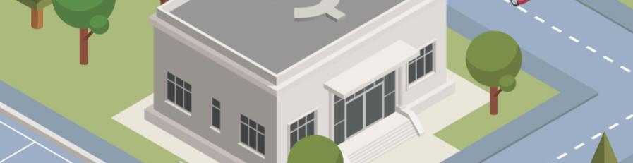 A digital illustration of a floating block of land with a government building that has adollar sign on the roof, and a carpark surrounding it