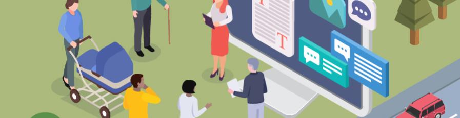 A digital illustration of a floating block of land with a group of diverse people standing around in a park watching a presentation on a larger than usual computer screen, and various icons depicting an array of media icons