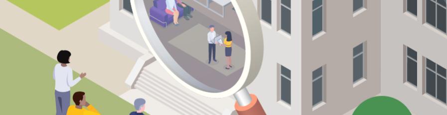 A digital illustration of a floating block of land with a large grey government building and a larger than usual magnifying glass against the side