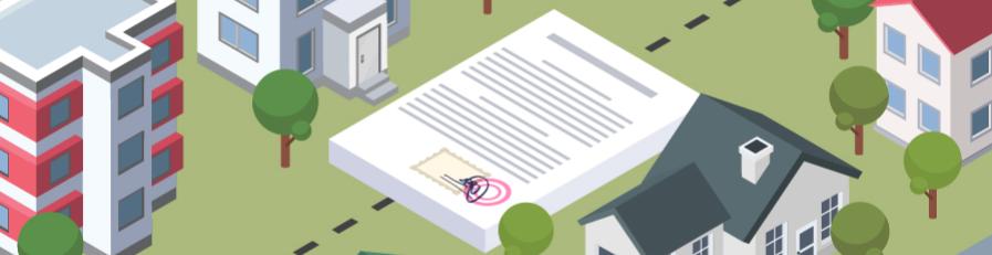 A digital illustration of a floating block of land with a row of housing and buildings, in the center a larger than usual pile of documents