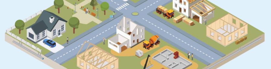 A digital illustration of a floating block of land with various residential buildings and building sites