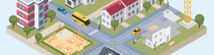 A digital illustration of a floating block of land with various building types and building sites