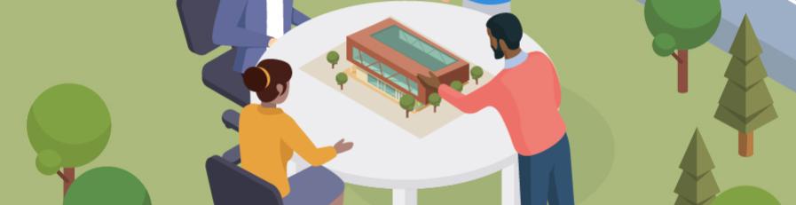 A digital illustration of a floating block of land with four people sitting around a white round table