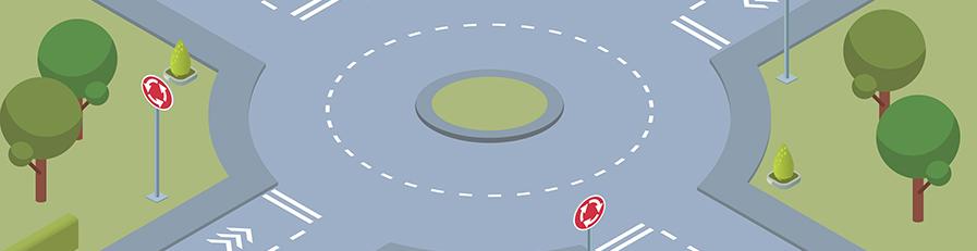 A digital illustration of a floating block of land with roads, a roundabout and cars in different directions