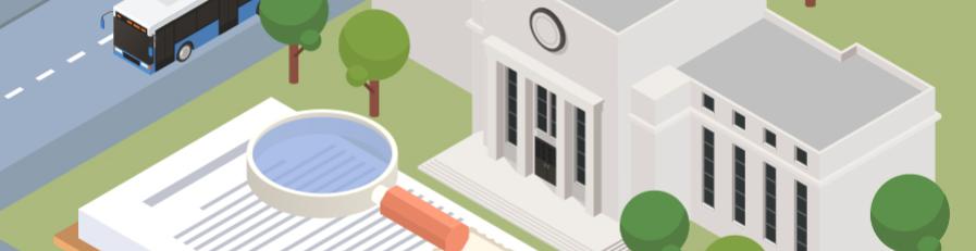 A digital illustration of a floating block of land with a white and grey government style building, a larger than usual pile of documents sits with a magnifying glass on top