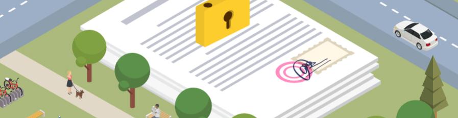 A digital illustration of a floating block of land with a larger than usual pile of documents and an open gold padlock on top