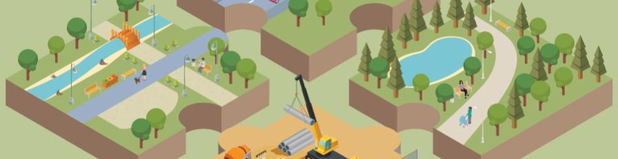 A digital illustration of a floating block of land split into 4 sections, a park with a stream, bridge and people; a building site with cement truck and a crane; a park with a pond and trees; and a transport terminal with bus stop and vehicles on a road