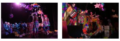 Composite image of colourful performers on stage in front of audience
